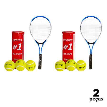 2 Raquete Tênis Campo Adulto PRO Aluminio com Bolsa AX CY T27 Azul + 2 Tubo 3 Bolas Tênis Premium AX Esportes - PACK COM 2 DE CADA