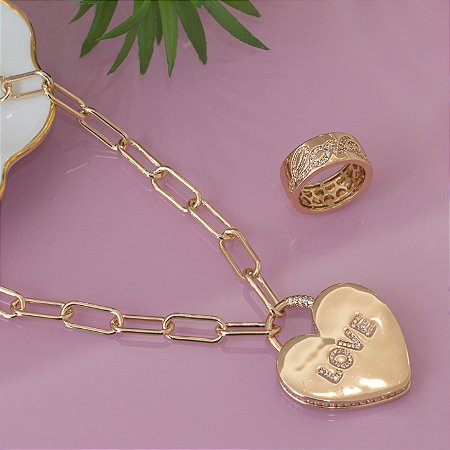 Colar elos com pingente de coração " Love "