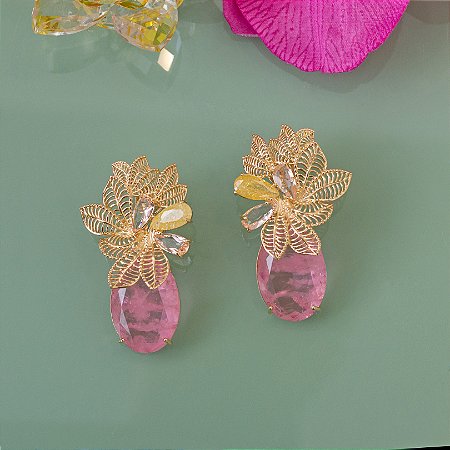 Brinco floral com cristal quartzo rosa
