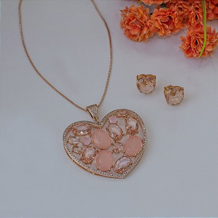 Colar coração com microzircônias e mix de cristal fusion