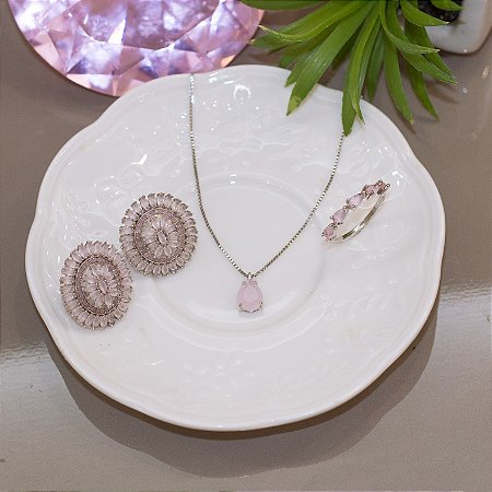Colar pedra cristal rosa milk