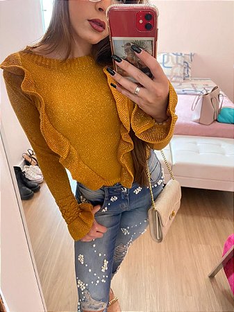 blusa tricot babado lurex