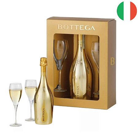 Kit Espumante Brut Italiano Bottega Gold + 2 Taças Cristal