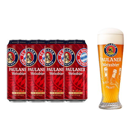 Kit 4 Cervejas Paulaner Weissbier FC Bayern München 500ml + Copo Prost