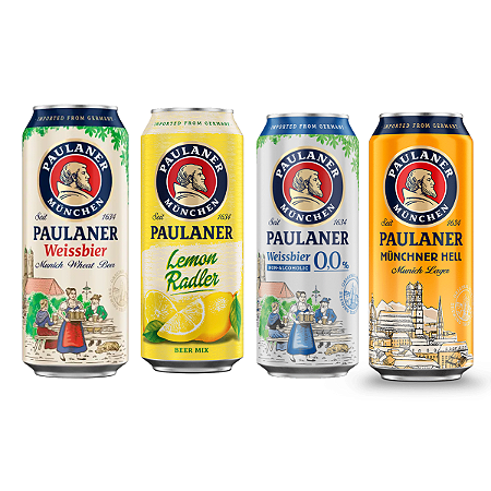 Cerveja Alemã Paulaner Lata 500ml com 4 Un - Lemon Radler, Weissbier, Munchner Hell e Zero Álcool