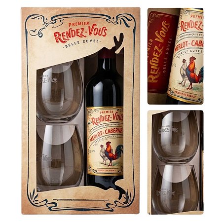 Kit Rendez Vous Merlot Cabernet Sauvignon 750ml + 2 Copos