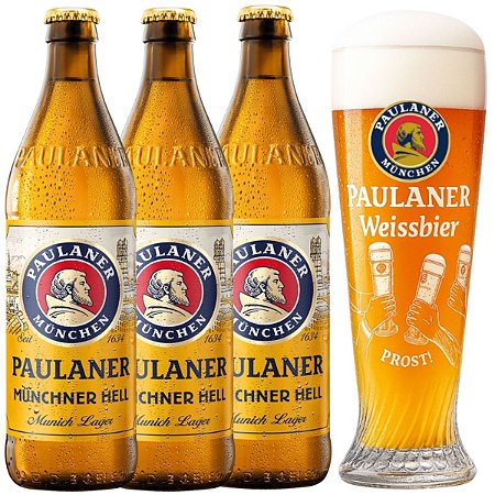 Kit 3 Cervejas Paulaner  Munchner Hell  500ml + Copo Prost