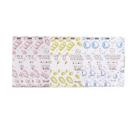 3 Barras de Chocolate Tradicional 60g + 3 Barras de Chocolate Pistache 60g + 3 Barras de Chocolate Coco 60g