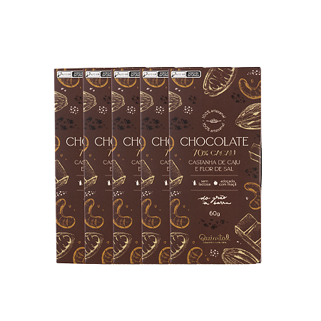 5 Barras de Chocolate 70% Cacau Castanha de Caju e Flor de Sal 60g