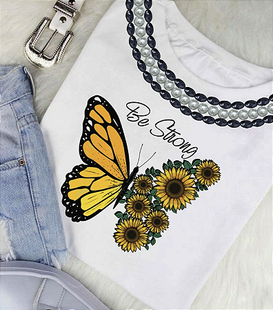 T-Shirts - Luxe White - Butterfly - Com Pedrarias