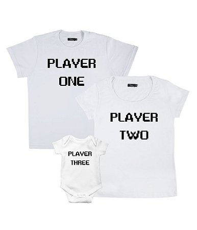 Kit Família 02 Camisetas Brancas e 01 Body Branco Player One, Two e Three Funny T-Shirts