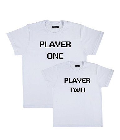 Kit Pai/Mãe e Filho 02 Camisetas Brancas Player One and Two Funny T-Shirts