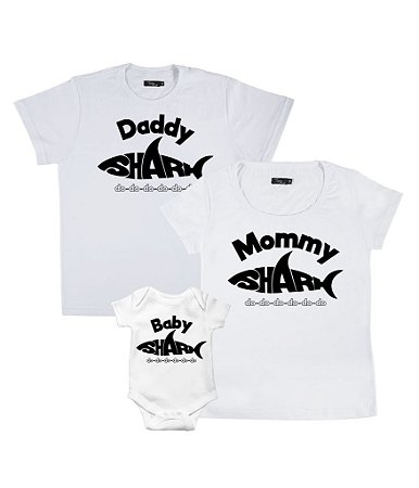 Kit Família 02 Camisetas Brancas e 01 Body Branco Daddy Shark, Mommy Shark & Baby Shark Funny T-Shirts