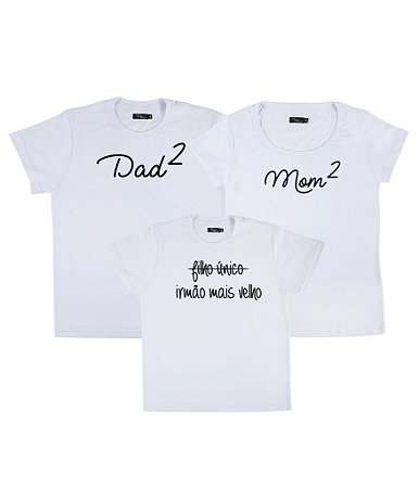 Kit Família 03 Camisetas Brancas Pai de 2, Mãe de 2 e Irmão Mais Velho Funny T-Shirts
