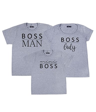 Kit Família 03 Camisetas Cinzas Boss Man Boss Lady e Mini Boss Funny T-Shirts