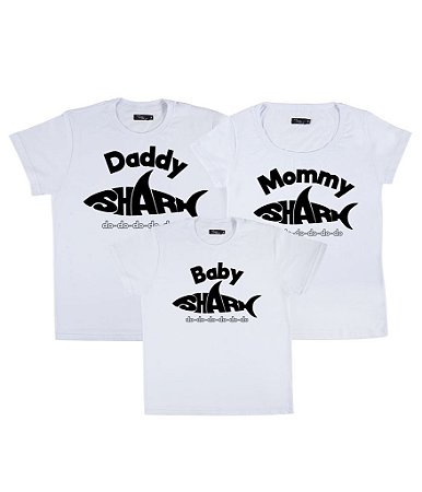 Kit Família 03 Camisetas Brancas Daddy Shark Mommy Shark e Baby Shark Funny T-Shirts