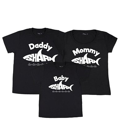 Kit Família 03 Camisetas Pretas Daddy Shark Mommy Shark e Baby Shark Funny T-Shirts