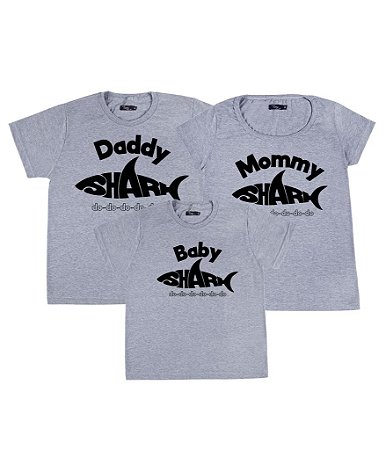 Kit Família 03 Camisetas Cinzas Daddy Shark Mommy Shark e Baby Shark Funny T-Shirts