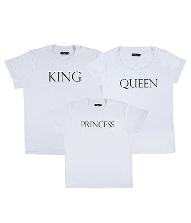 Kit Família 03 Camisetas Brancas King Queen e Princess Funny T-Shirts