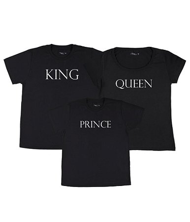 Kit Família 03 Camisetas Pretas King Queen e Prince Funny T-Shirts