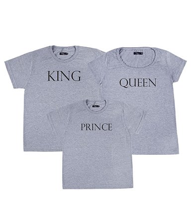 Kit Família 03 Camisetas Cinzas King Queen e Prince Funny T-Shirts