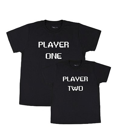 Kit Pai/Mãe e Filho 02 Camisetas Pretas Player One and Two Funny T-Shirts