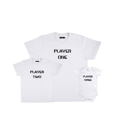 Kit Pai e Filhos 02 Camisetas e 01 Body Player One Two e Three Funny T-Shirts