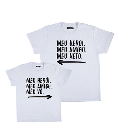 Kit 2 Camisetas Brancas Avô & Neto Meu Herói Funny T-Shirts