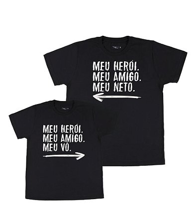 Kit 2 Camisetas Pretas Avô & Neto Meu Herói Funny T-Shirts