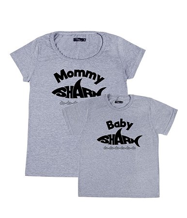 Kit 2 Camisetas Cinzas Mãe & Filho (a) Baby e Mommy Shark Funny T-Shirts