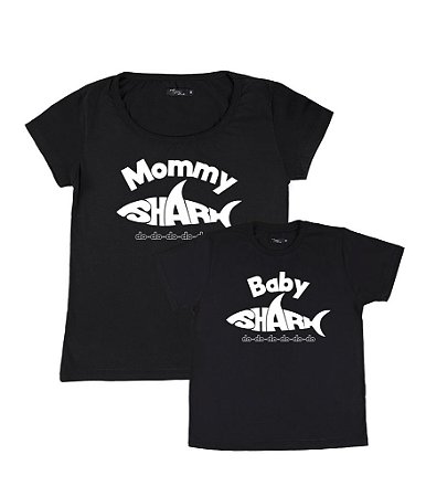 Kit 2 Camisetas Pretas Mãe & Filho (a) Baby e Mommy Shark Funny T-Shirts