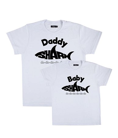 Kit 2 Camisetas Brancas Pai & Filho (a) Baby e Daddy Shark Funny T-Shirts