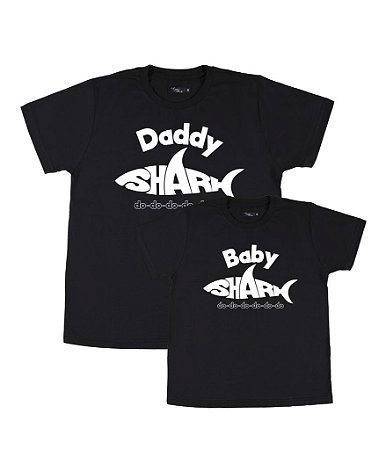 Kit 2 Camisetas Pretas Pai & Filho (a) Baby e Daddy Shark Funny T-Shirts