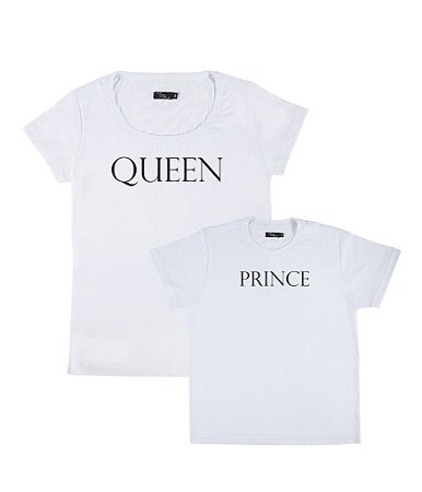 Kit 2 Camisetas Brancas Mãe e Filho Queen e Prince Funny T-Shirts