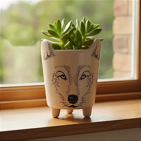 Cachepô de Cerâmica com Pintura de Lobo