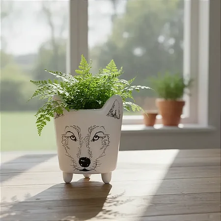 Cachepô de Cerâmica com Pintura de Lobo