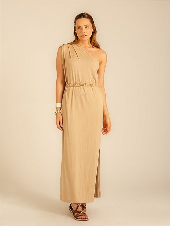 Vestido Pregas Virtude Bege