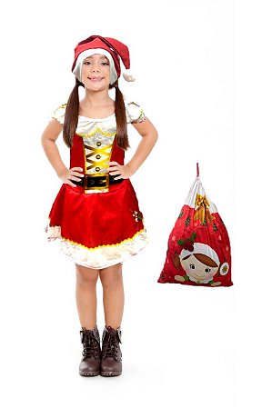 Fantasia Mamãe Noel Infantil C/ Gorro Saco De Presente Roupa