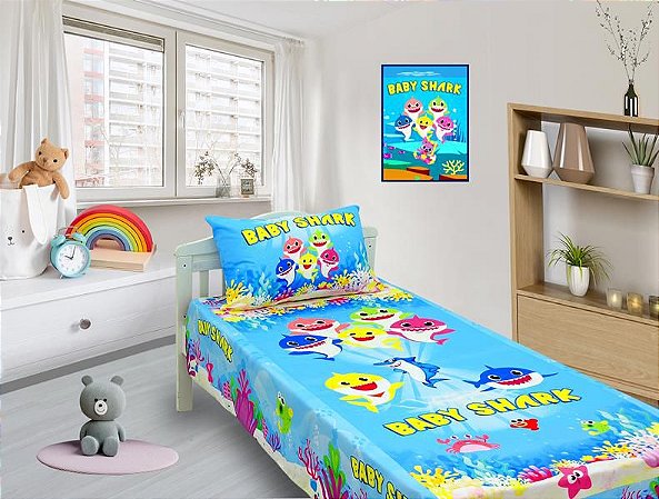 Jogo De Lençol Cobre Leito E Fronha Baby Shark Azul 1