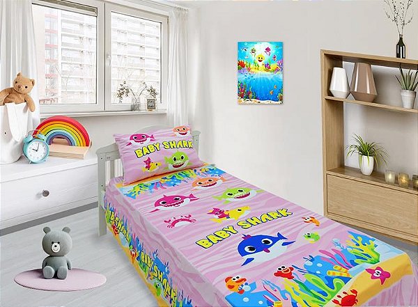 Jogo De Lençol Cobre Leito E Fronha Baby Shark Rosa 2