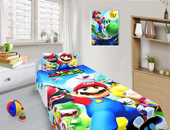 Jogo De Lençol Cobre Leito E Fronha Mario Bros 1