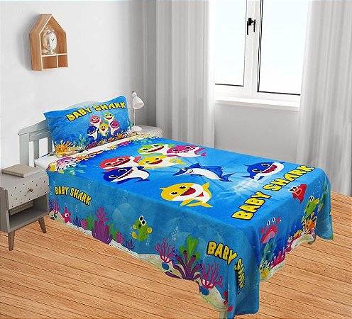 Manta E Fronha Baby Shark Azul, Cobertor Fleece Solteiro Macio , 2pçs