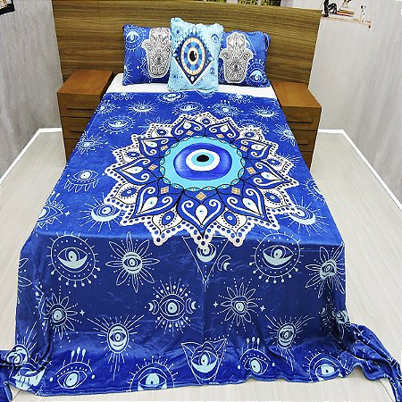 Manta Casal Com Fronhas e Almofada, Olho Grego, Cobertor Casal 4 Peças, Fleece