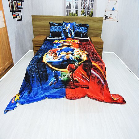 Manta Casal Com Fronha E Almofada Sonic, Cobertor Fleece 4pç