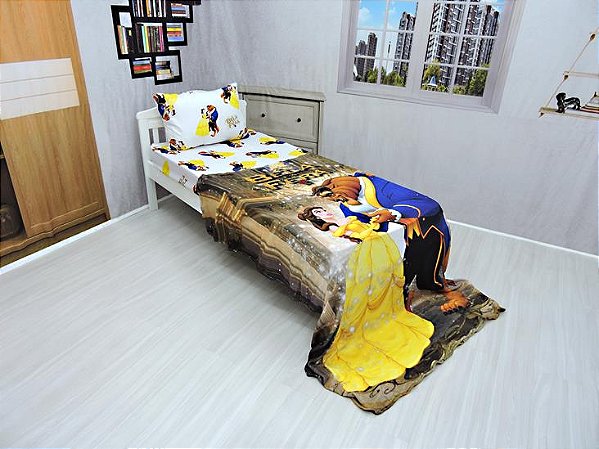 Manta Ultrasoft e  Lençol De Elástico Bela e a Fera Kit 3pçs