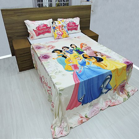 Manta Casal Com Fronha E Almofada Princesas Cobertor Fleece 4pç