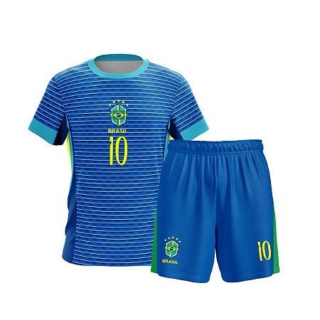 Camiseta E Calção Futebol Infantil Seleção Brasil Copa Azul