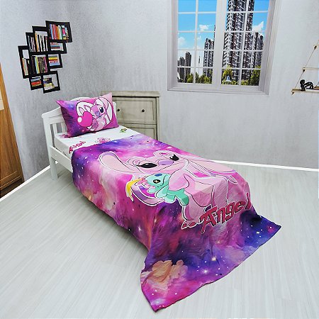Jogo De Lençol Elastico E Cobreleito Fronha Stitch Rosa