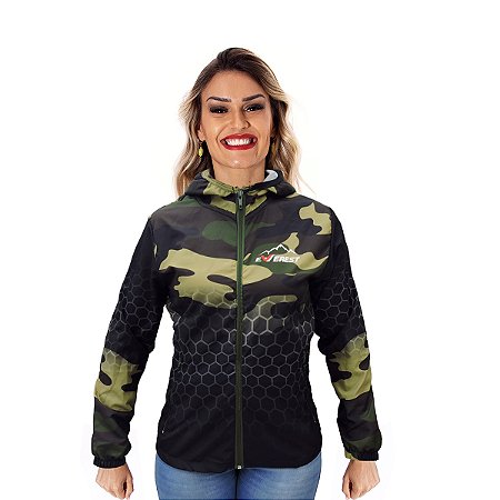 Jaqueta Corta Vento Feminina Com Capuz Camuflada Verde