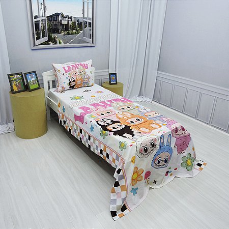 Kit 4pçs Cobre Leito, Lençol De Elástico E Fronha Labubu